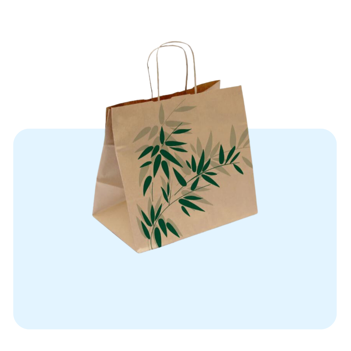 Banner con sfondo azzurro con: shopper di carta color avana con foglie verdi 