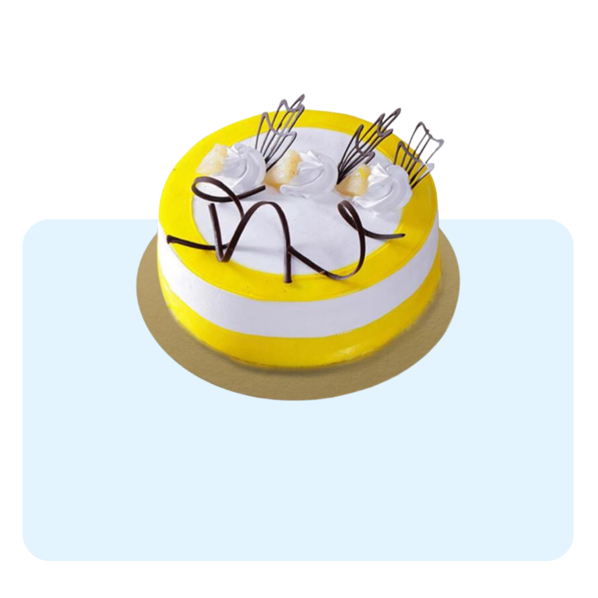 Banner con sfondo azzurro con:  torta al limone su disco dorato 