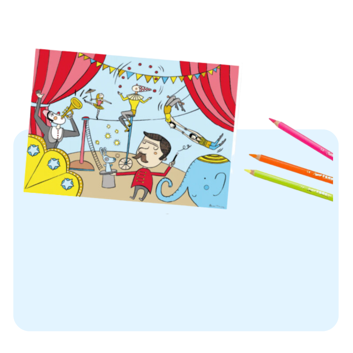 Banner con sfondo azzurro con: tovaglietta colorabile circus