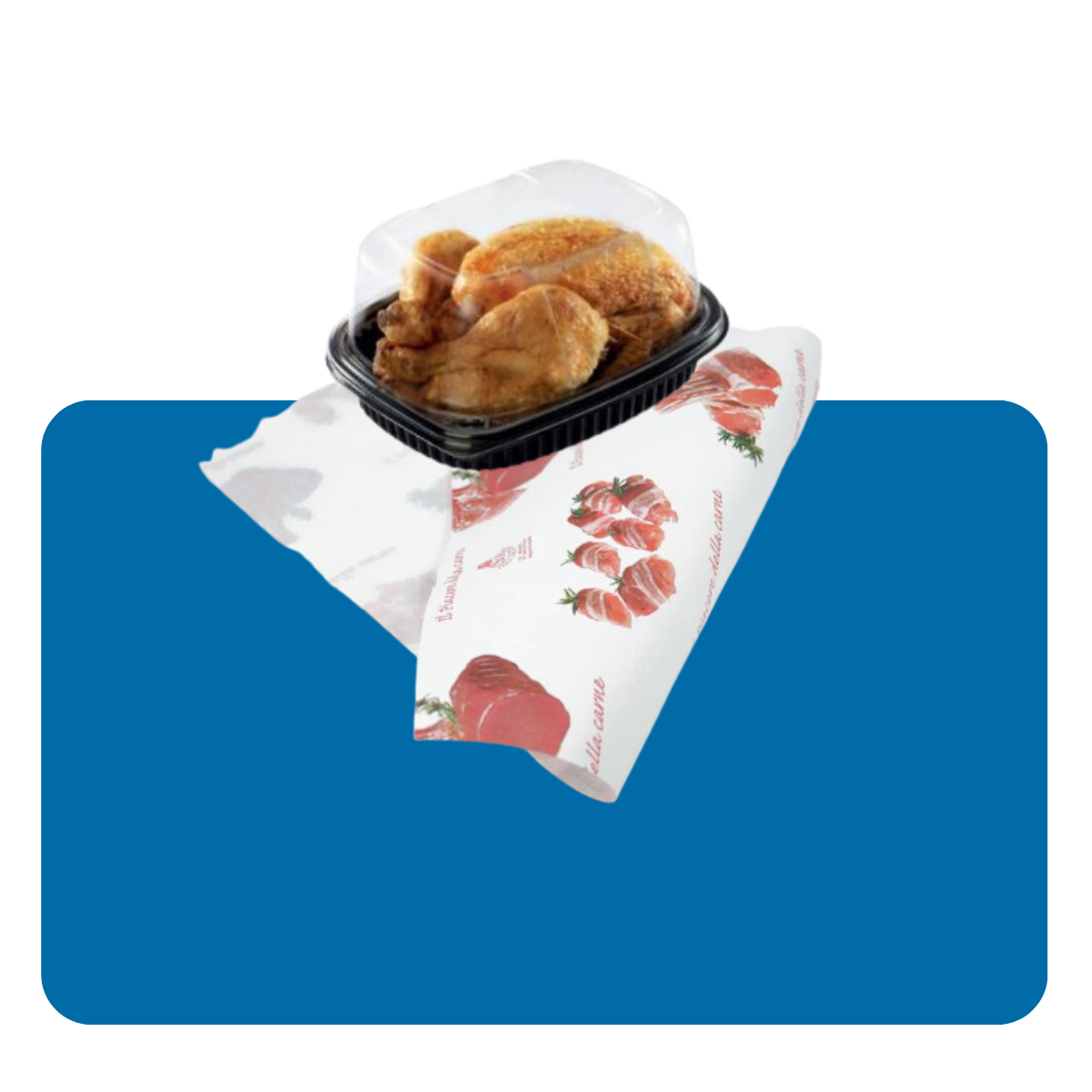 Banner con sfondo azzurro con: carta alimentare e confezione per pollo  arrosto 