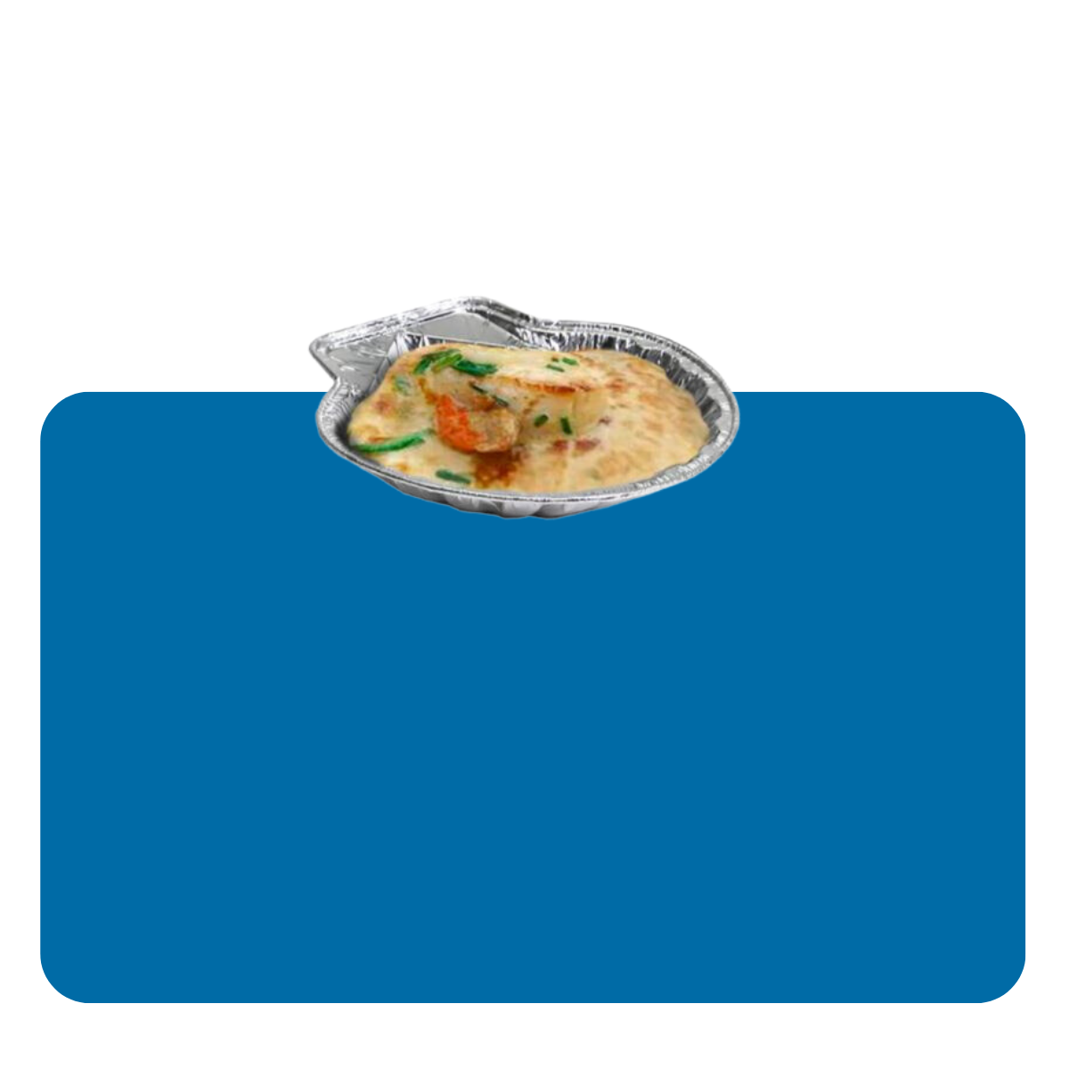 Banner con sfondo azzurro con: conchiglia di alluminio 