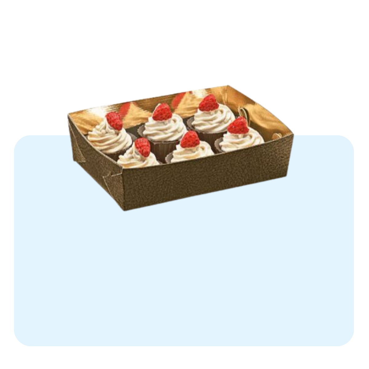 Banner con sfondo azzurro con: vassoio bordi alti pieno di pasticcini 