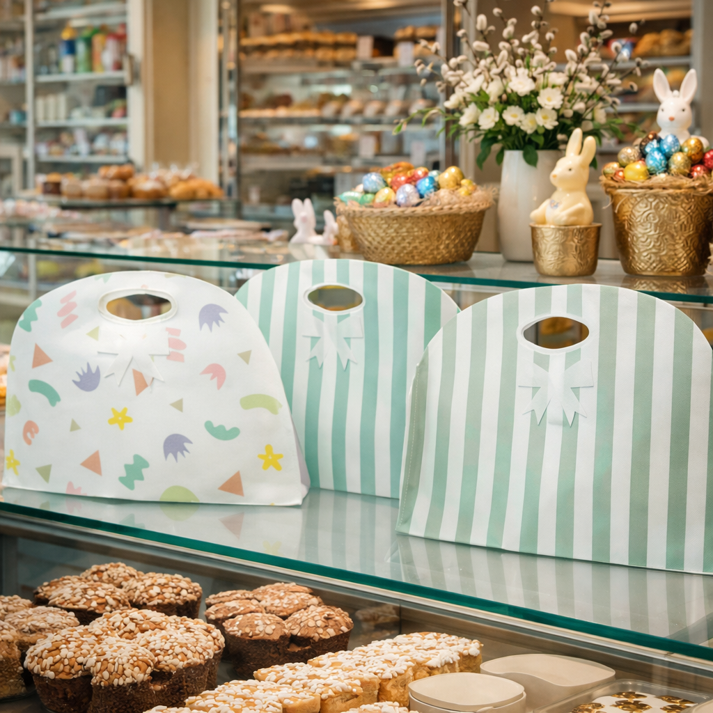 Confezioni porta colomba, tre, una a righe azzurre una a righe verde acqua, una a fantasie geometriche, sulla vetrina di una pasticceria con delle colombe in vetrina esposte 
