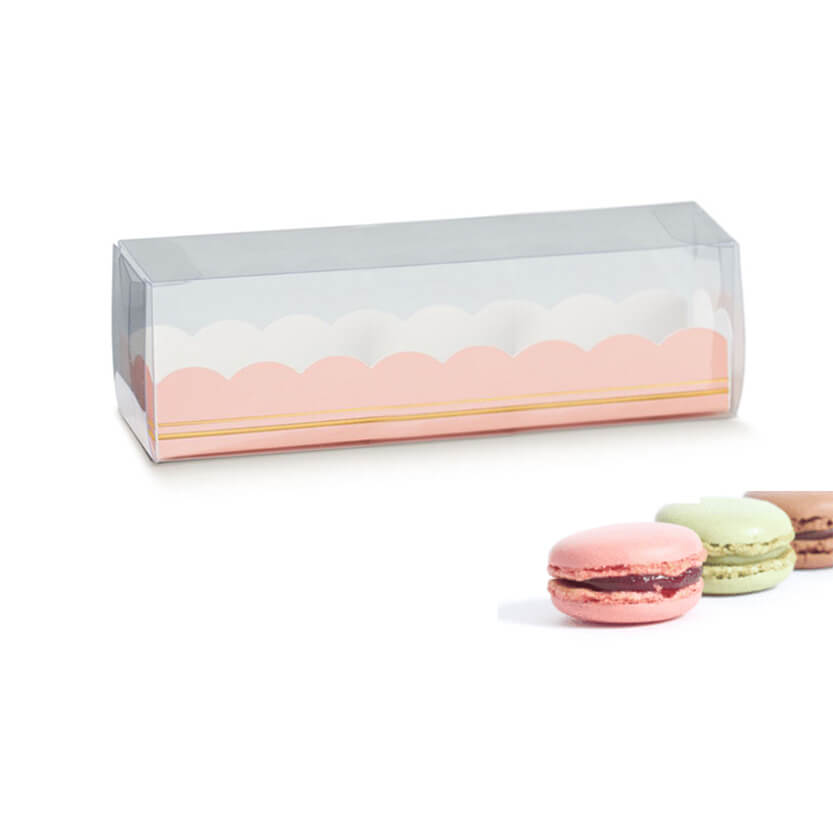 Confezioni rettangolari base rosa e sopra trasparente per macarons