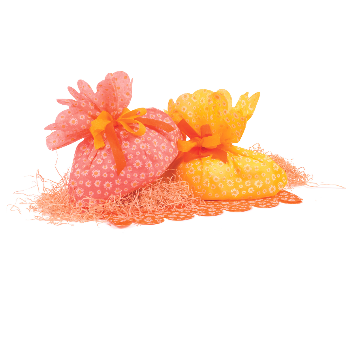 Confezioni pasquali rosa e una giala entrambe con margheritine 