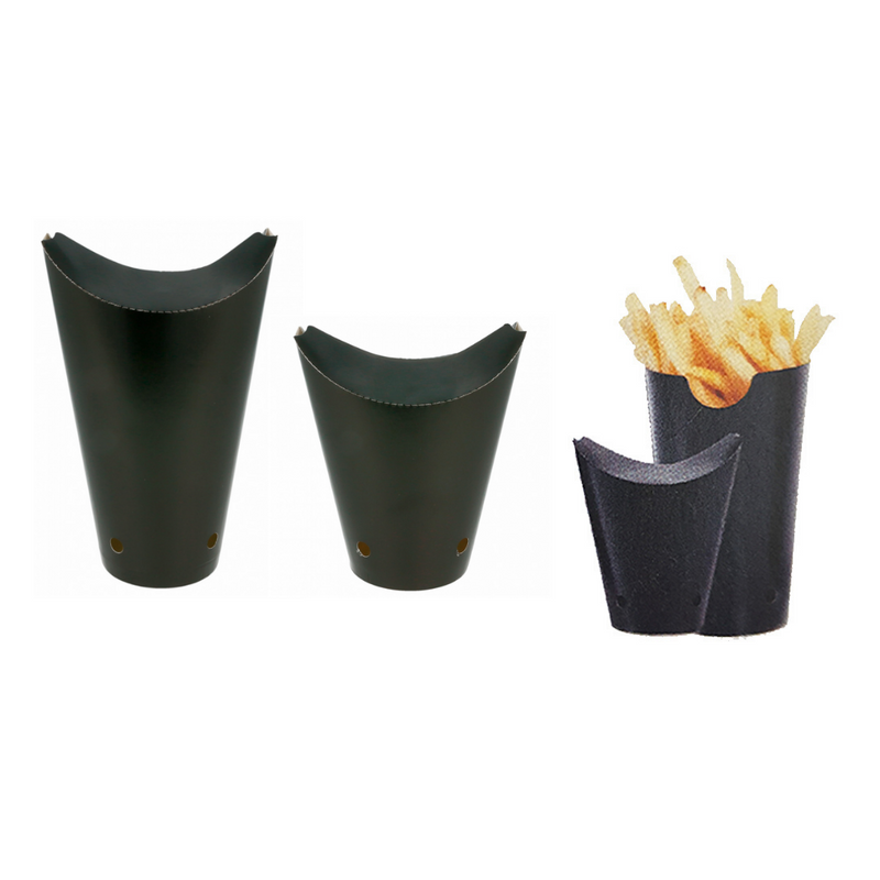 Coni per fritto da asporto, neri,. 4 diverse misure, uno pieno di patatine fritte