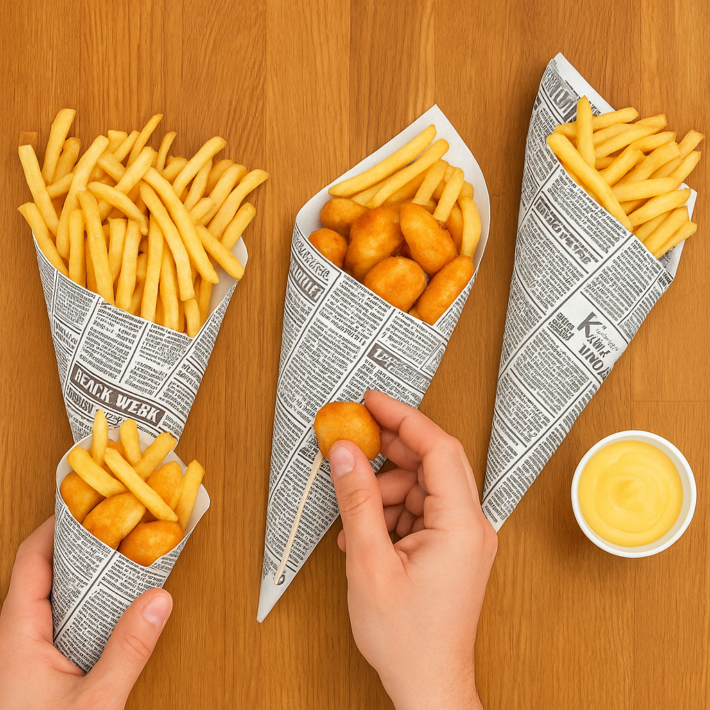 Coni in carta antigrasso con stampa effetto giornale e patatine fritte con salsa