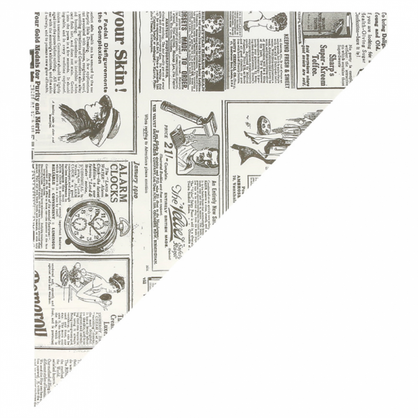 Cono in carta antigrasso forma triangolare con stampa parole effetto giornale in nero