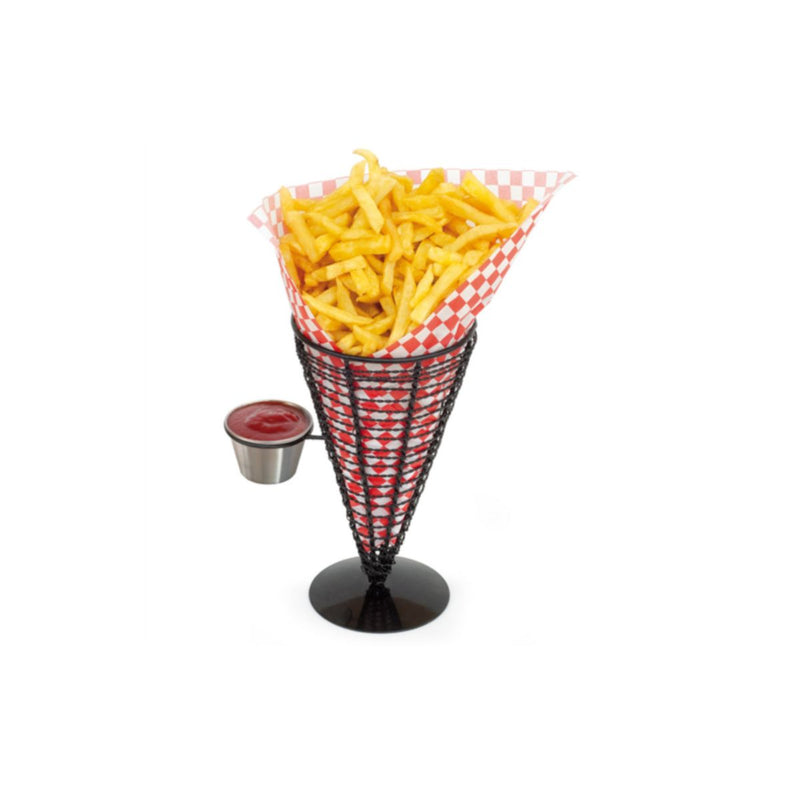 Cono per fritto con spazio per vaschetta, piena di ketchup, con dentro carta antigrasso a scacchi rossi e bianchi e patatine