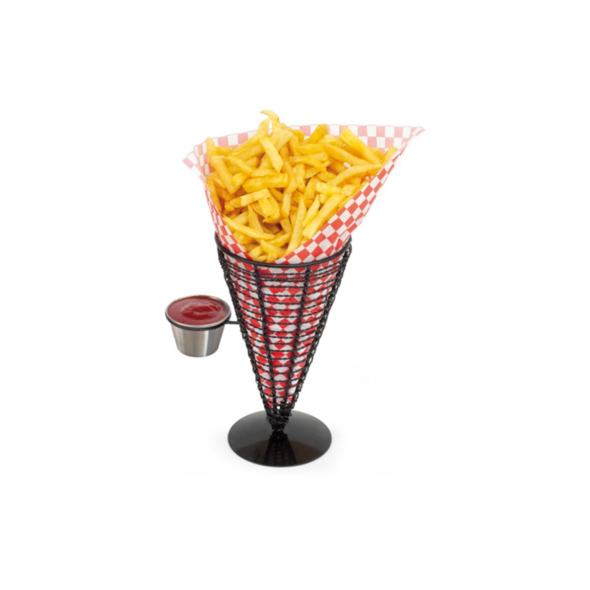 Cono per fritto con spazio per vaschetta, piena di ketchup, con dentro carta antigrasso a scacchi rossi e bianchi e patatine