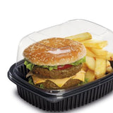 Vaschetta con base nera e coperchio trasparente con dentro hamburger e patatine