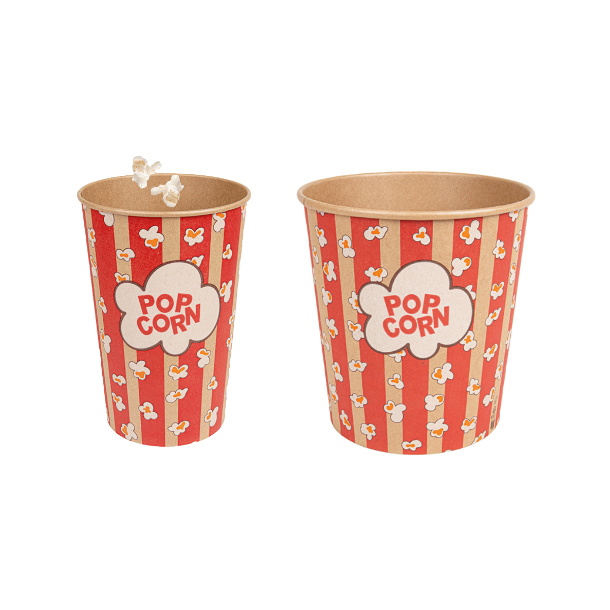 Contenitore a righe per pop corn, mostrato due diverse misure
