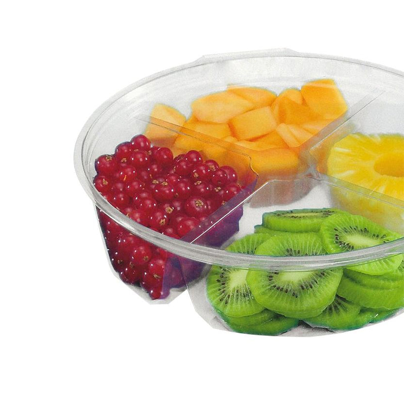 Contenitore di plastica a 4 scomparti, tonda, piena di frutta 