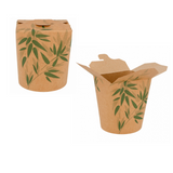 Contenitore per cibo d'asporto colora vana con foglie verdi mostrato aperto e chiuso 