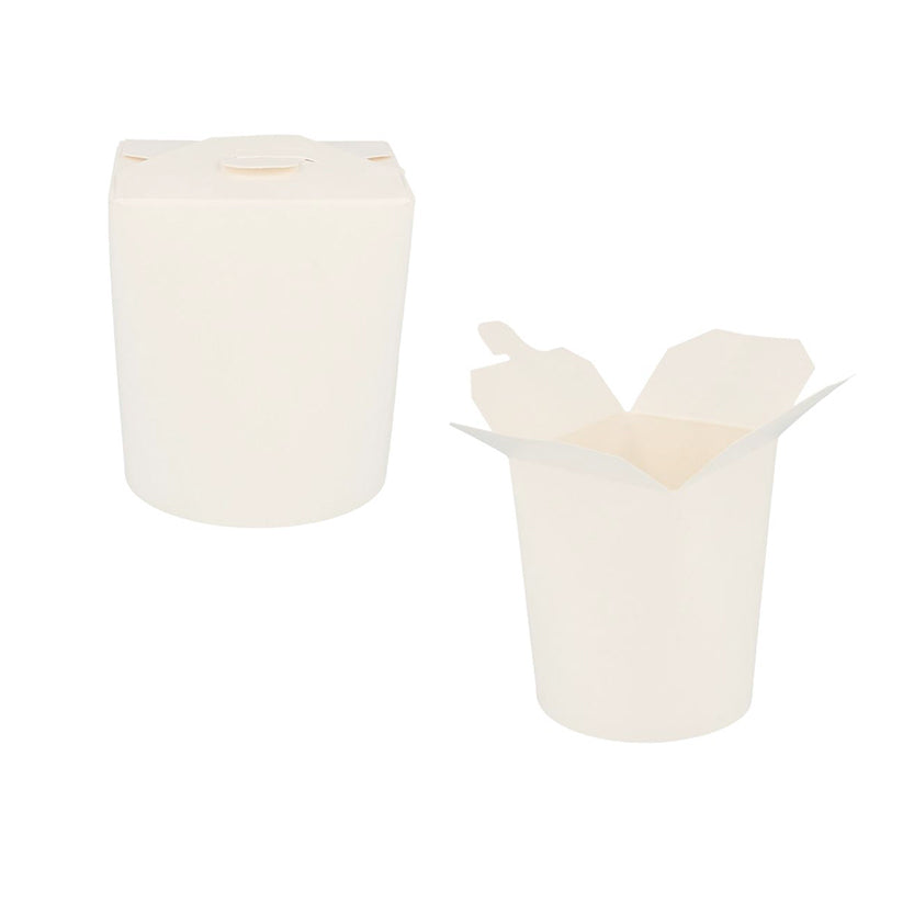 Contenitore bianco mostrato chiuso e aperto, per asporto