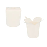 Contenitore bianco mostrato chiuso e aperto, per asporto