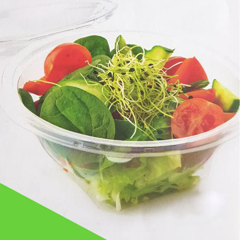 Contenitore trasparente di plastica con coperchio pieno di insalata 