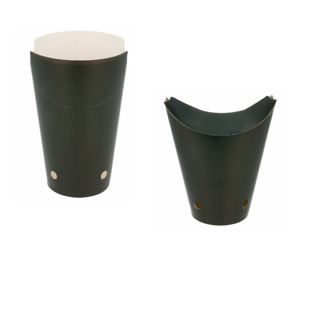 Contenitore in carta nera per asporto fritto mostrato chiuso ed aperto 