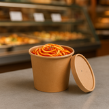 Contenitore per zuppe, ripieno di spaghetti al pomodoro, color vana, mostrato col coperchio appoggiato, sul tavolo di una rosticceria