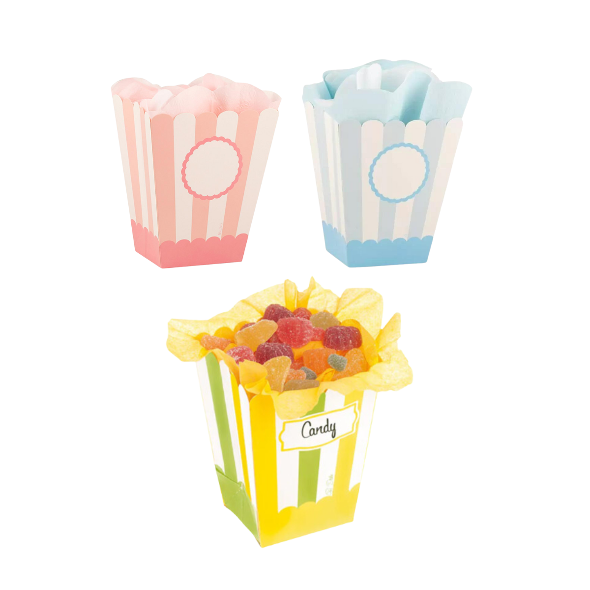Contenitore per popcorn, uno a righe rosa ed uno a righe azzurre, vuoti ed uno a righe gialle e verdi con caramelle