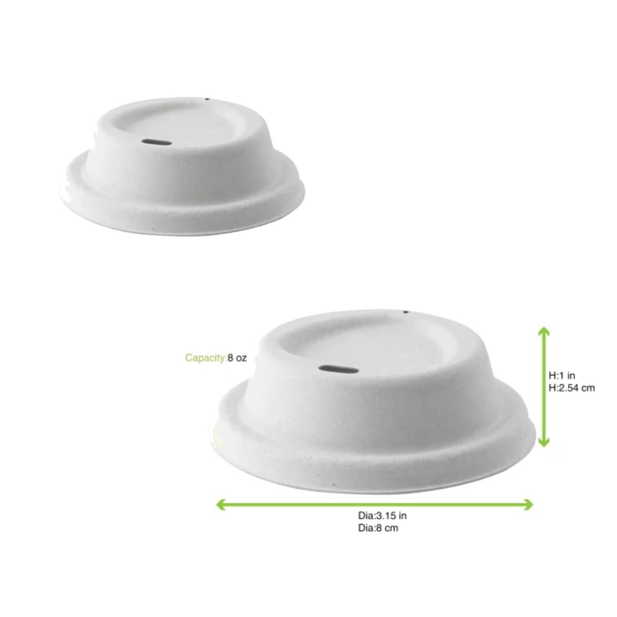Coperchio bianco per bicchiere d'asporto. Mostrato con evidenziate le misure