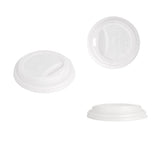 Coperchio bianco con beccuccio per bicchiere da asporto, in plastica, tre diverse prospettive 