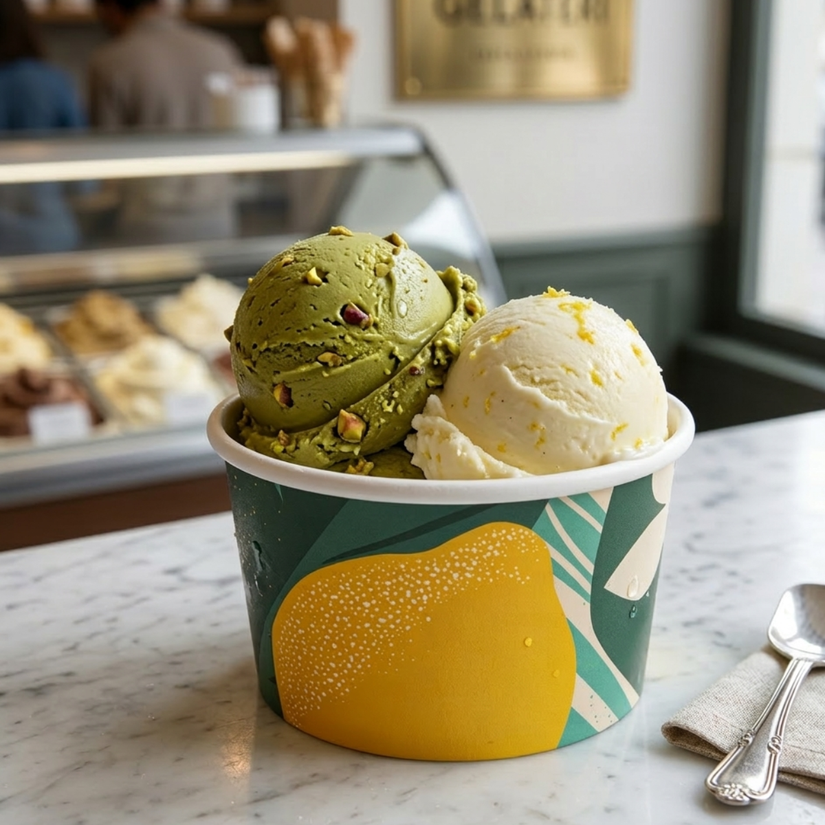 Coppetta di gelato fantasia Amalfi piena sul tavolo di una gelateria 