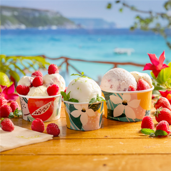 Coppette di gelato con fantasia tropicale piene di gelato su tavolo in riva la mare 