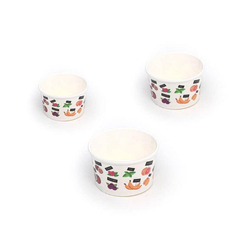 Coppette per gelato, bianche con grafiche frutta, tre di diverse dimensioni