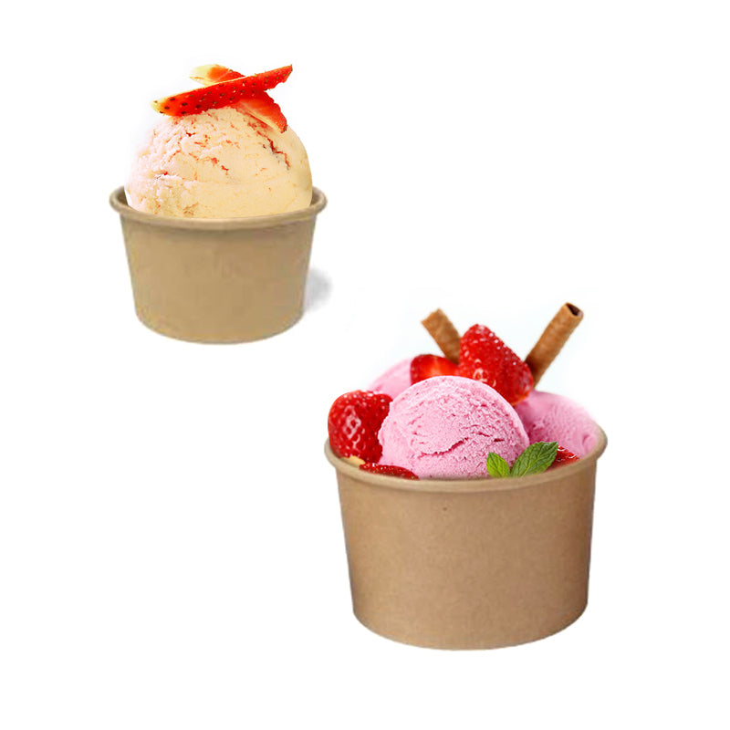 Coppette per gelato in cartoncino color avana, ripiene di gelato 