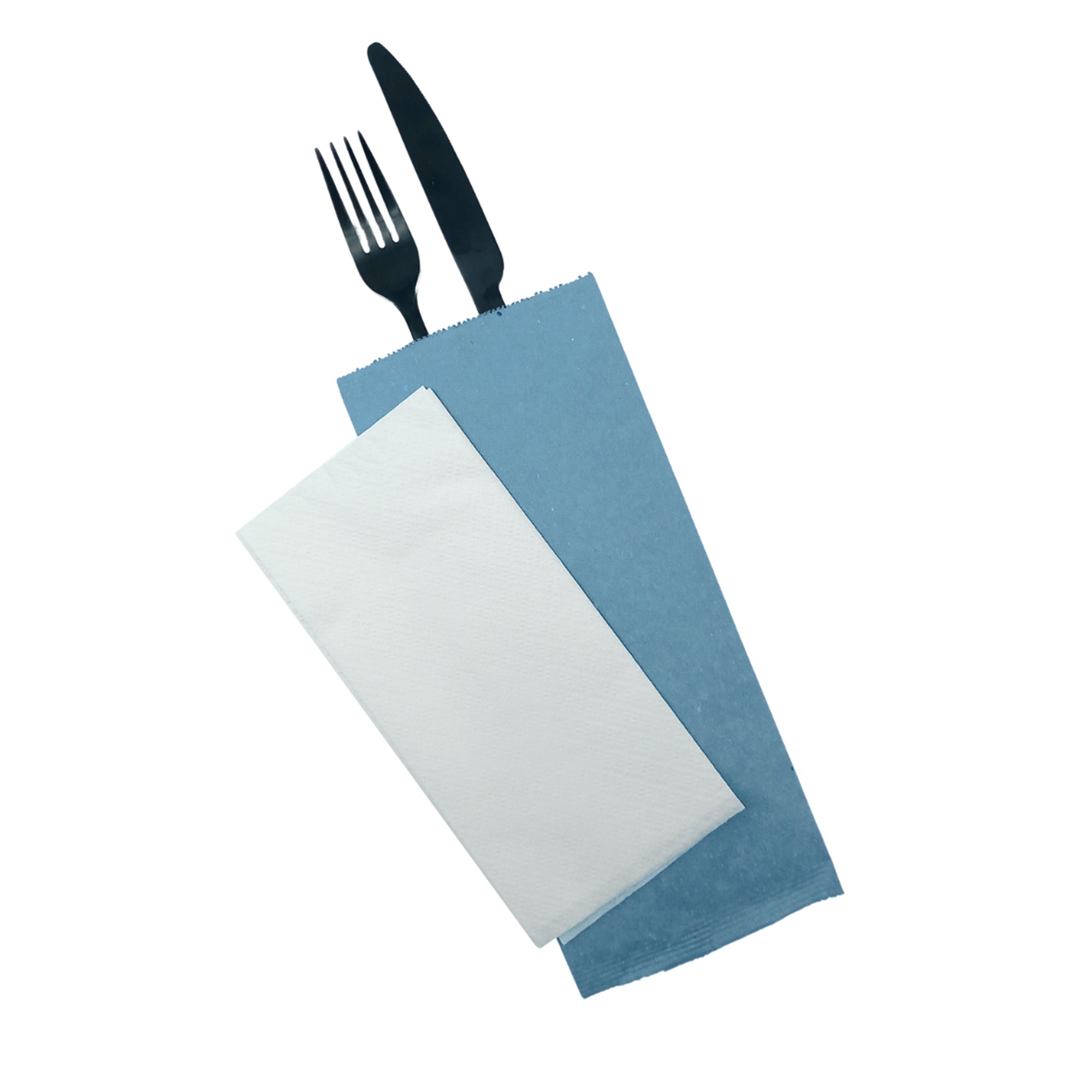 Porta posare di carta paglia  azzurra, con tovagliolo e due posate 