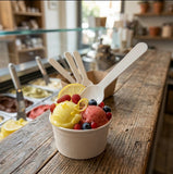 Cucchiaino gelato in Pla compostabile dentro coppetta di gelato sul banco di una una gelateria