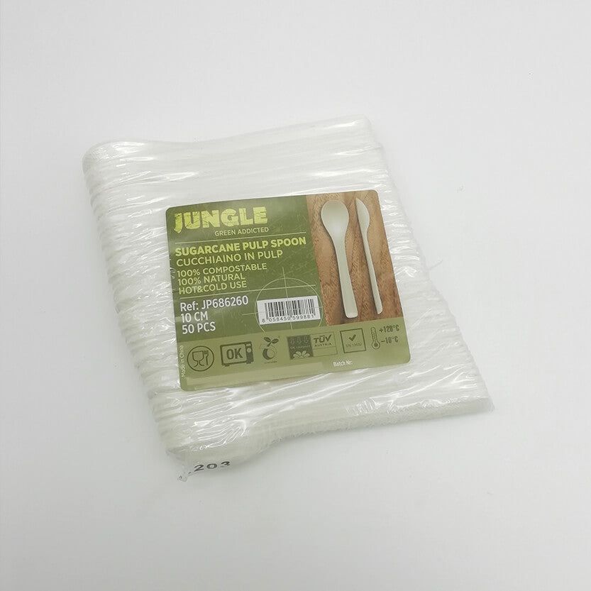 Cucchiaini in polpa di cellulosa nella loro confezione da 50 pezzi