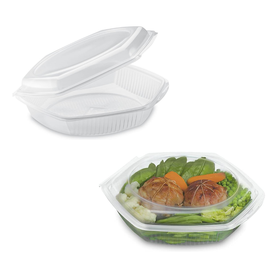 Vaschetta esagonale di plastica trasparente, con coperchio attaccato,  mostrata vuota e con cibo
