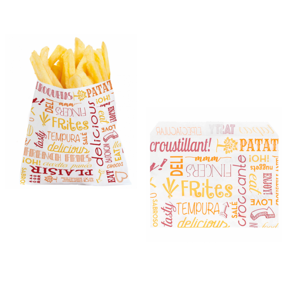 Busta per porzione di patatine fritte, di carta, fantasia parole, mostrata vuota e piena 