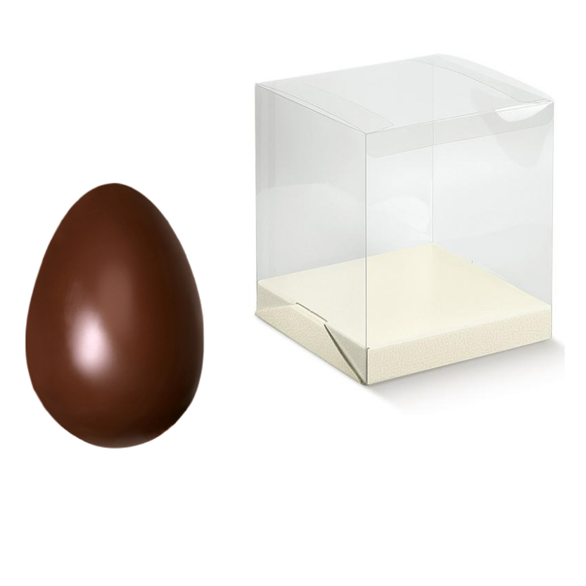 Box trasparente in plastica con base bianca per uovo di cioccolato di pasqua e uovo vicino 