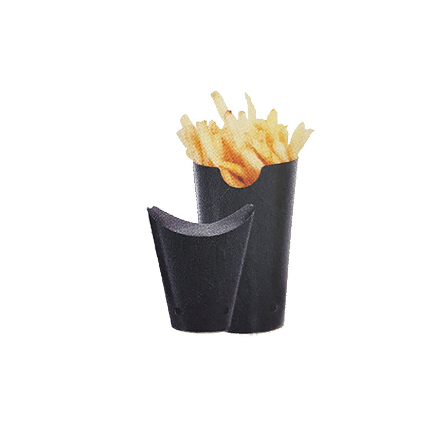 Cono nero per fritto mostrato chiuso e pieno di patatine 