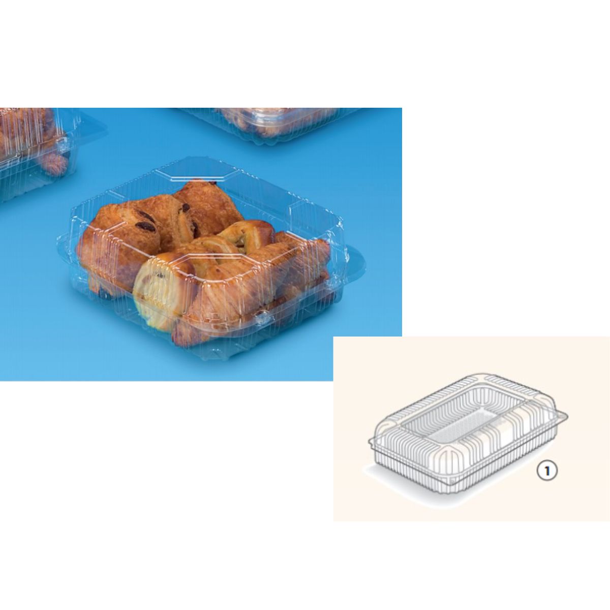 Confezione trasparente di plastica, con coperchio,  mostrata piena di dolci e disegno tecnico