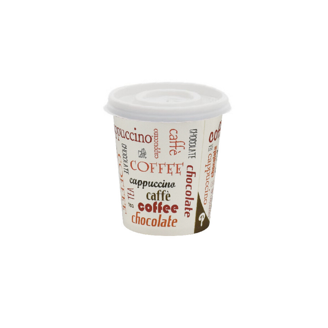 Bicchiere di carta da asporto, con coperchio, con grafica parole caffe 