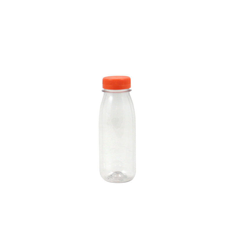 Bottiglietta monouso di plastica trasparente con tappo arancione