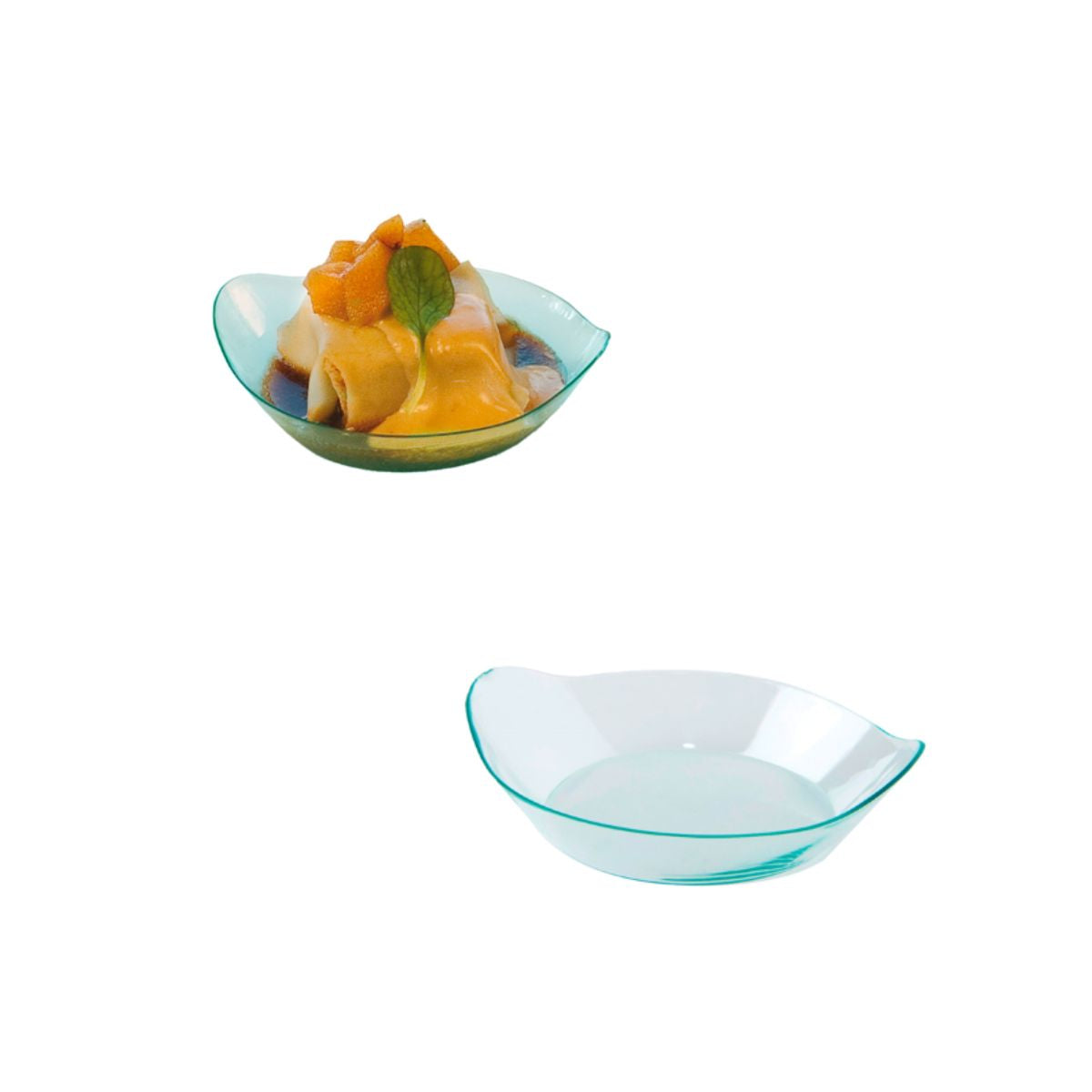 Vaschetta plastica per finger food mostrata vuota e piena 