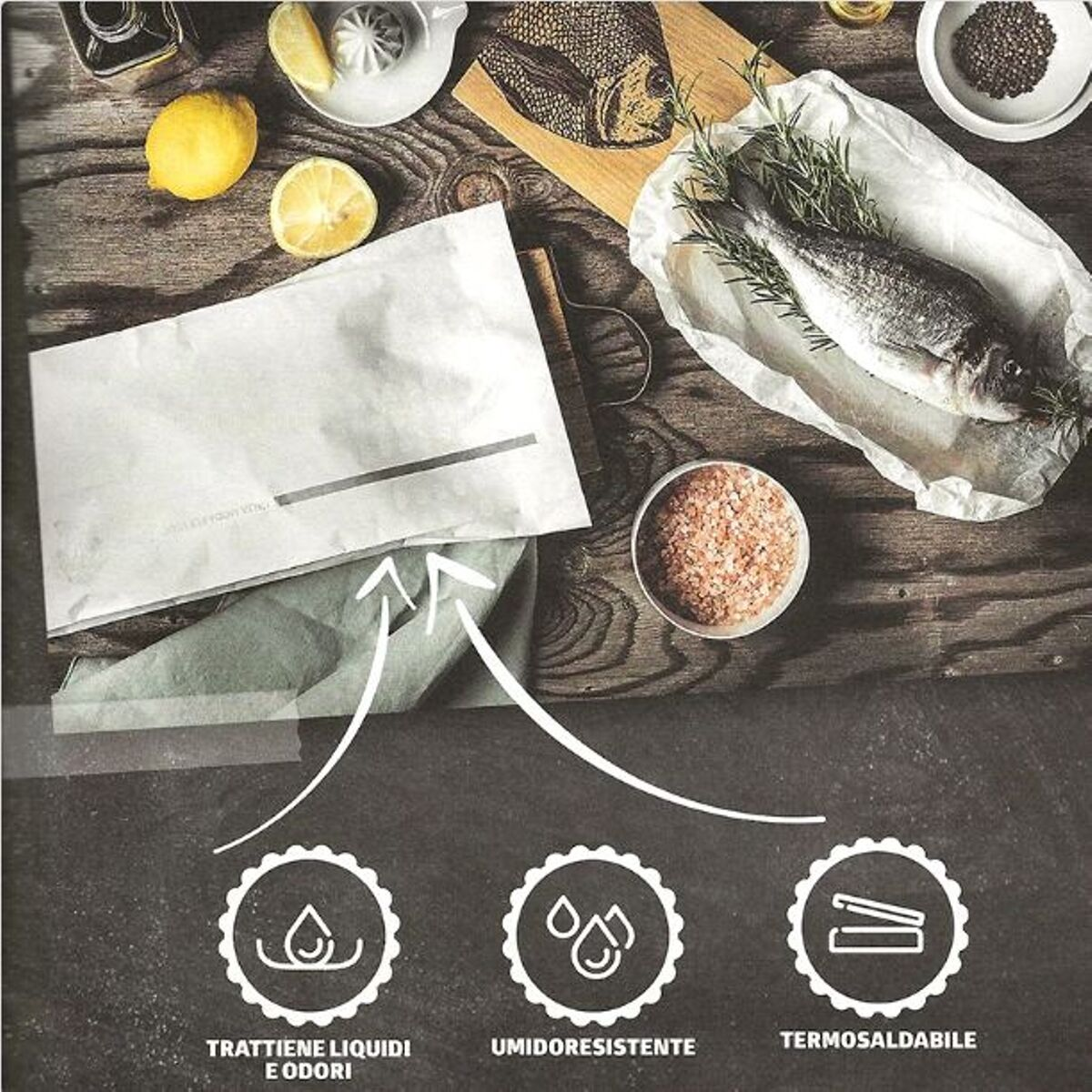 Tavola con pesce limone e spezie  e sacchetto termosaldabile, con scritte le caratteristiche