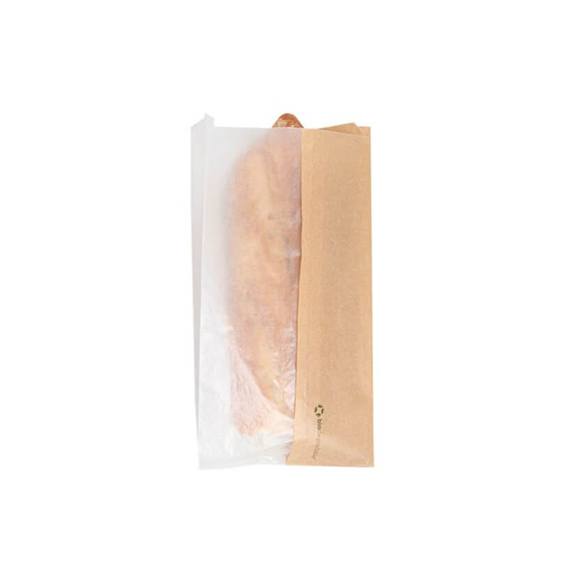 Busta di carta e plastica, metà e metà, piena di pane