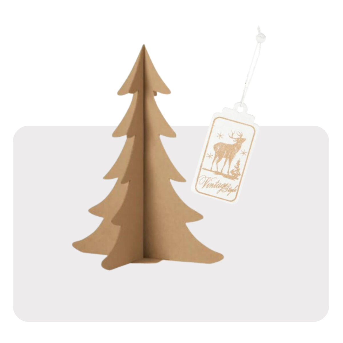 Albero di natale di cartoncino  color avana e biglietto natalizio bianco 