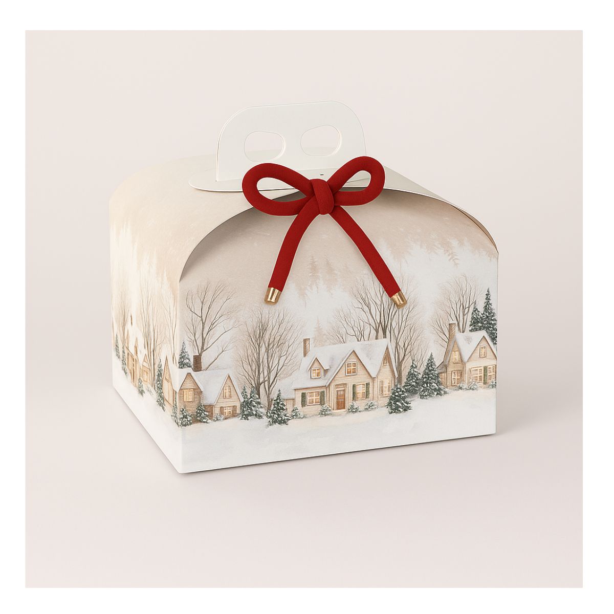 scatola porta panettone natalizia con fiocco rosso
