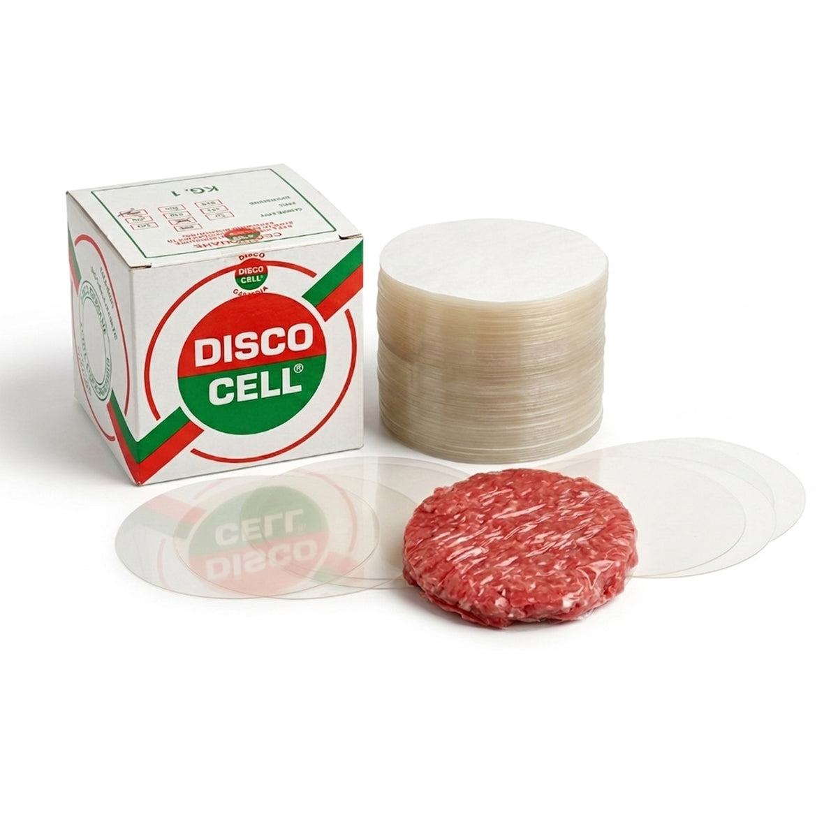 Dischi per hamburger mostrati nella confezioni, sfusi e con un hamburger