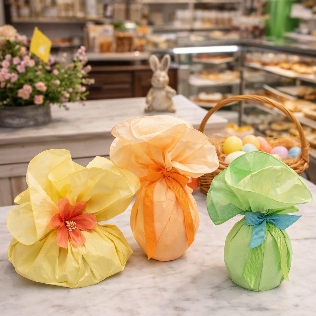 Confezioni colorate di carta (una gialla, una arancio ed una verde) per dolci su un tavolo di pasticceria