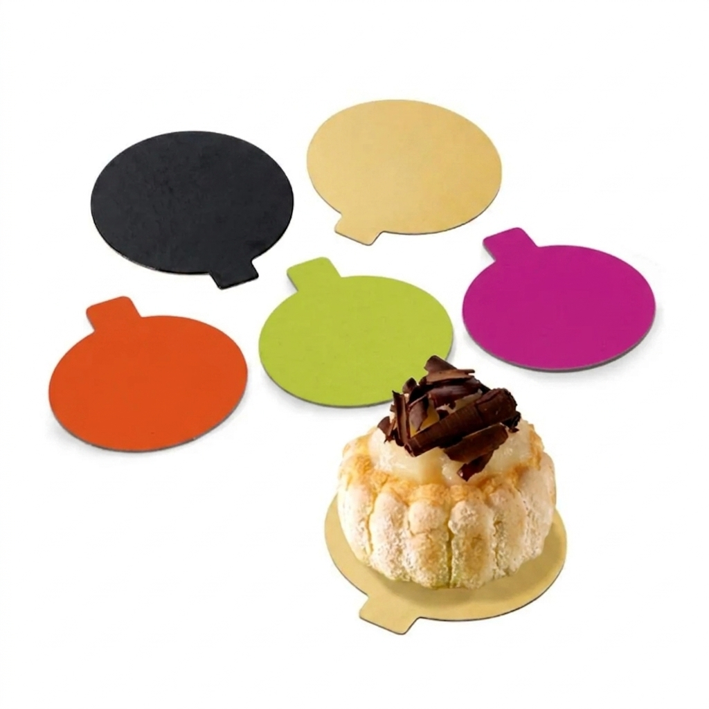 Dischi monoporzione colorati: nero, oro, arancione, verde, viola vuoti ed uno dorato con sopra un dolce 