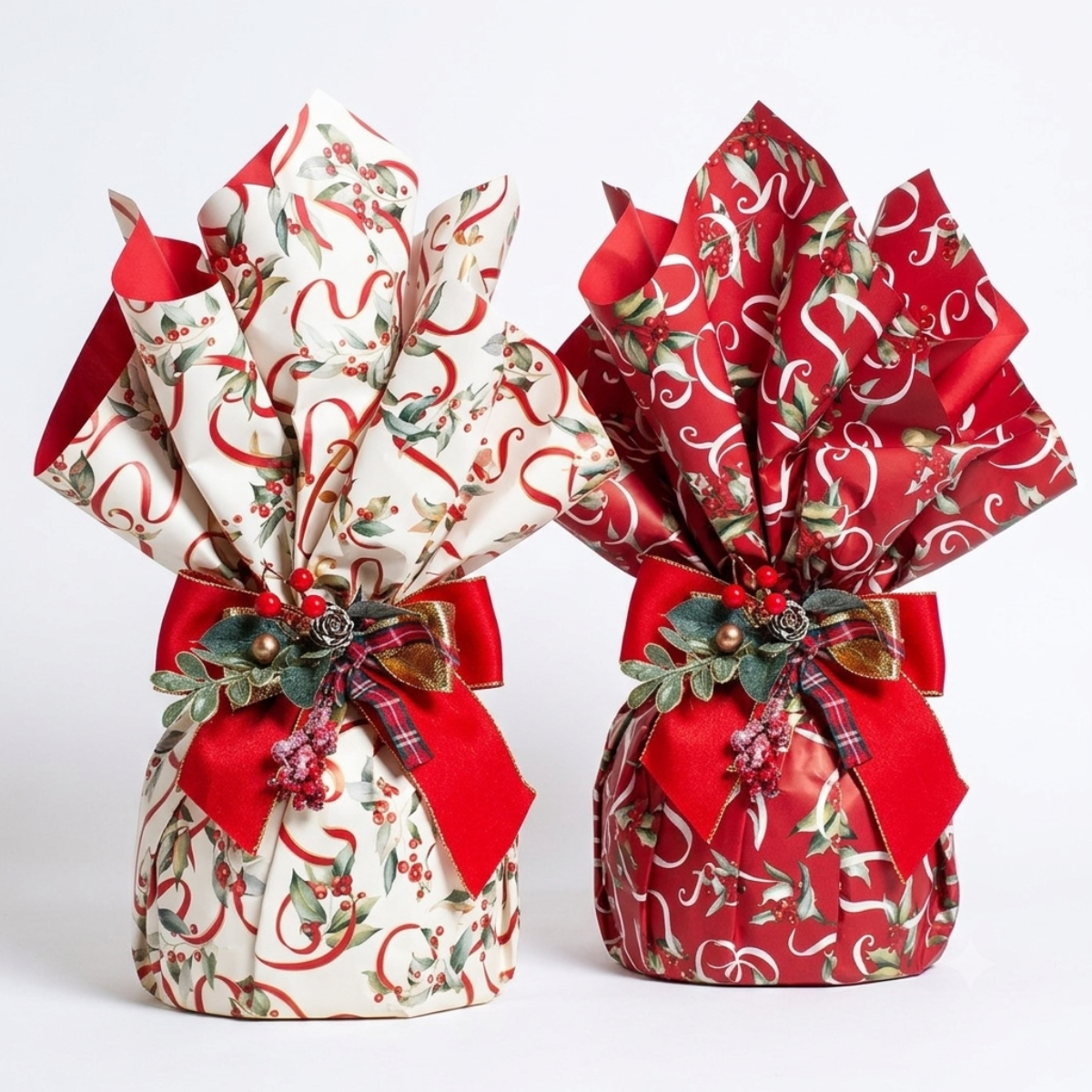 Carta per panettone bianca blu che avvolge un panettone ed una rossa con fantasie bianche 