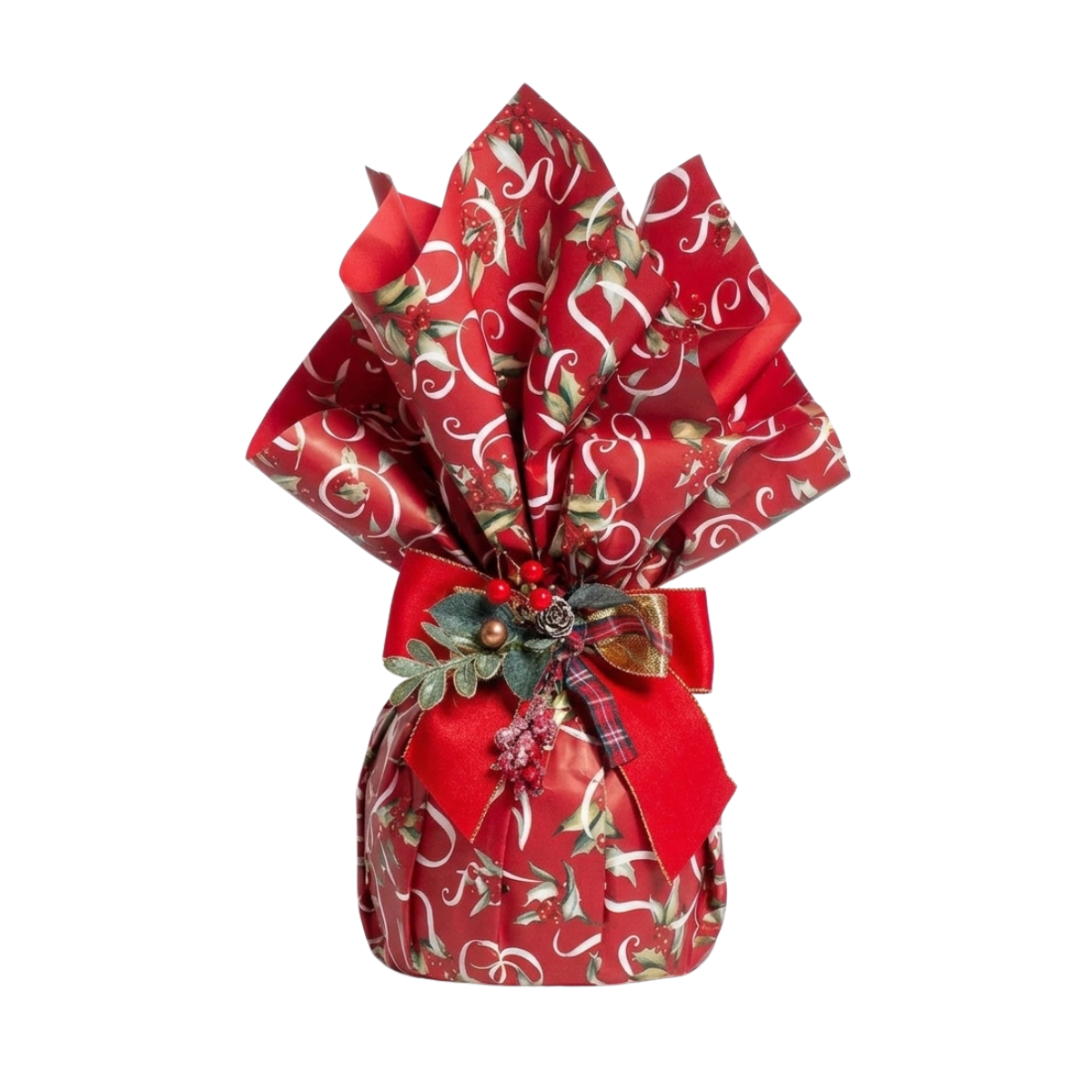 Carta per panettone rossa con fantasie bianche che avvolge un panettone 